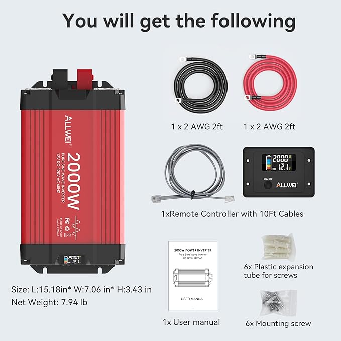 ALLWEI 2000W Pure Sine Wave Inverter 12V DC to 120V AC Converter, Surge 4000W, 20A Sockets, Hardwire Port, Power Inverters for Vehicles, RV Truck Home Solar & Off-Grid Inverter, Remote Controller