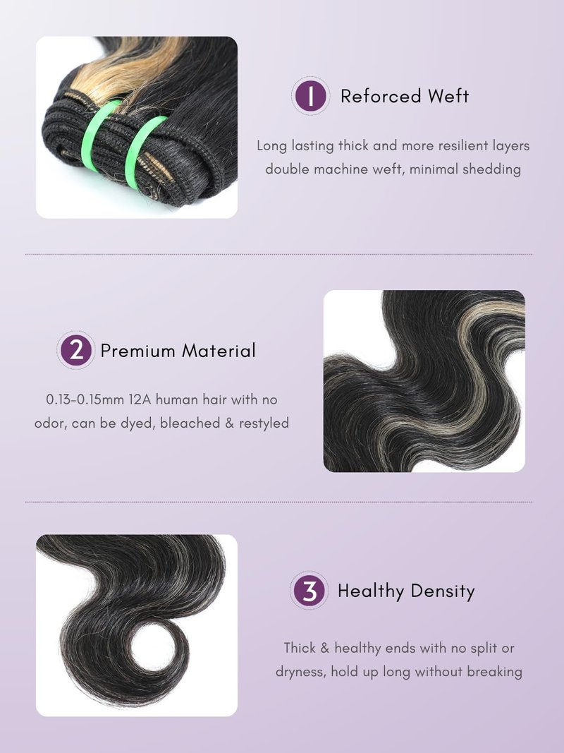 AUROO Platinum Blonde Highlight Black Mix Color Body Wave Human Hair, 100% Brazilian Thick Track Bundles #F1B/613 Ombre Skunk Stripe Balayage Colored Single Bundles Quick Weave Remy 14 In