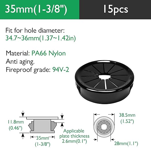 EASYEAH 15PCS Cable Grommets, 1-3/8"(35mm) Desk Hole Cover Petal Shaped Buckle Type Nylon Snap Bushing Grommet, Wire Hole Cover Insert for Cables and Cords Management and Protection of Cabinet, Black