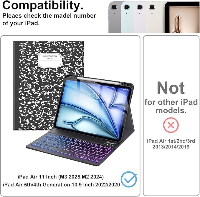 Supveco Keyboard Case for iPad Air 11 Inch (M4 2026,M3 2025,M2 2024),iPad Air 5th/4th Generation with Pencil Holder-7 Colors Backlit Wireless Detachable Folio Keyboard Cover -Black
