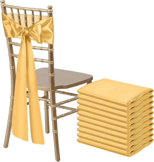 Skiennix Gold Satin Chair Sashes - Elegant Bow Ties for Weddings & Events | 10 PCS (7x108 Inch)