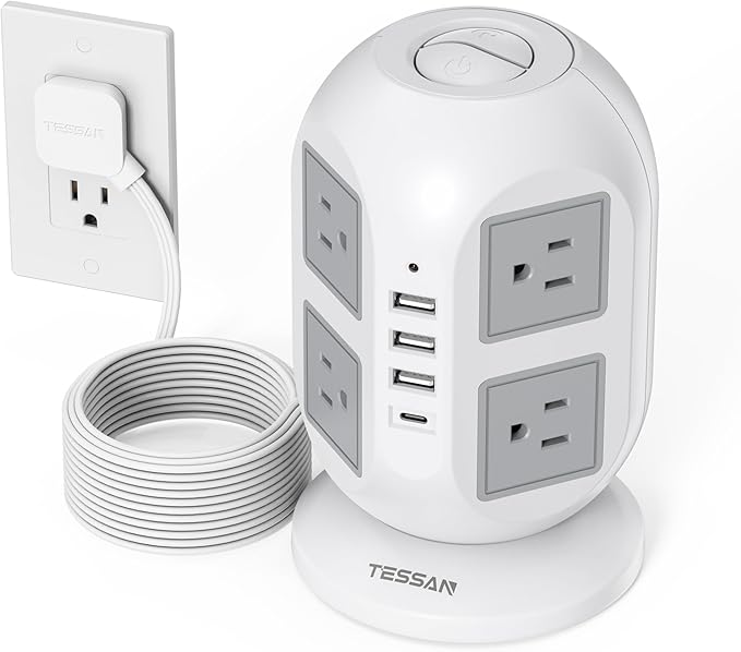 TESSAN Tower Power Strip 10 ft, Long Flat Extension Cord with Multiple Outlets, 8 AC Outlets with 4 USB Ports (1 USB C), Charging Station with, for Home Office Dorm