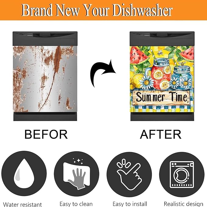 Summer Time Kitchen Decor Dishwasher Magnet Cover, Watermelon Lemonade Magnet Refrigerator Cover Panel Decal, Daisy Home Cabinet Sticker Bee Fridge Magnet Sticker 23" W x 26" H Magnetic