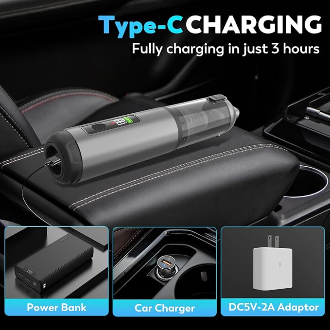 KedeeSparkle 22000Pa High Power Handheld Vacuum Cleaner, 4-in-1 Cordless Car Vacuum & Air Duster with LED Display, USB-C Rechargeable Vacuum for Car Home Office Pet Camping