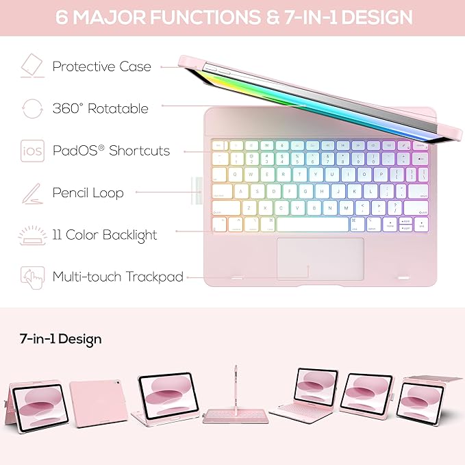 typecase Touch iPad 11th 10th Generation Case with Keyboard (11" 2025, A16 & 10.9" 2022) – 360° Rotatable, 11-Color Backlit, Multi-Touch Trackpad, Pencil Holder, Thin & Light – Light Pink