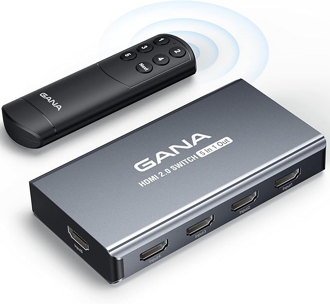 HDMI Switch 5 in 1 Out 4K@60Hz, GANA HDMI Splitter Switcher with Remote, Aluminum HDMI 2.0 Switch Box Hub for 3D, HDCP2.2, HDR, Compatible with Xbox, PS5/4/3,Fire Stick,Roku,Blu-Ray Player, Grey