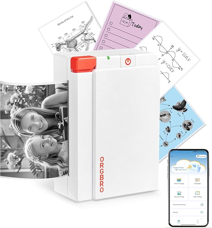 ORGBRO Sticker Printer Machine, X3 Mini Printer Print Pods Portable Thermal Inkless Sticker Maker, 2-3 Inch 300 DPI Bluetooth Pocket Printers for Smartphones, Notes, Journal, Photos, DIY, Kids Gift