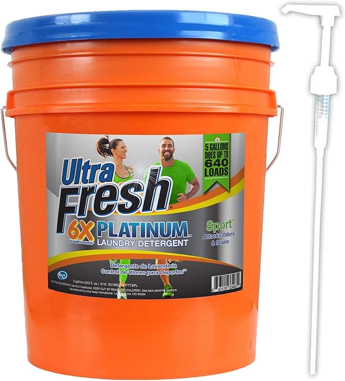 Ultra Fresh Platinum Sport 5 Gallon 6x Laundry Detergent Suitable for All Machine Type and Up to 640 Laundry Loads with Pump (4 Pack)