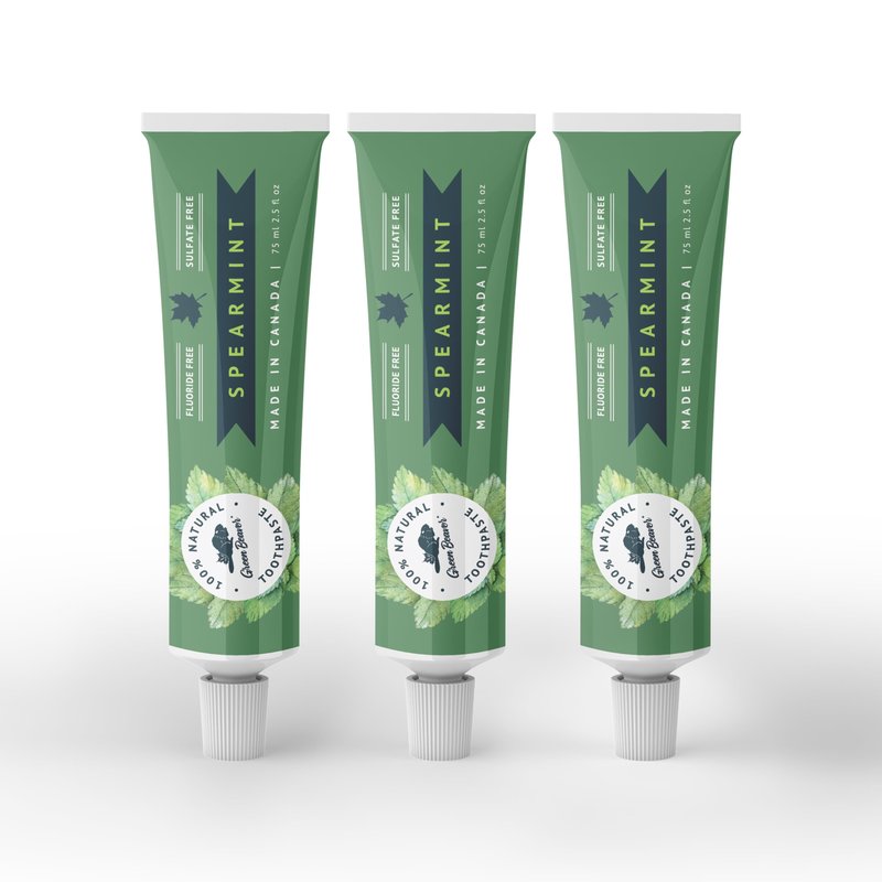 Green Beaver All Natural Organic Toothpaste, Vegan, Fluoride Free & Gluten Free Toothpaste, Spearmint Flavor, 75ml, 3 Pack