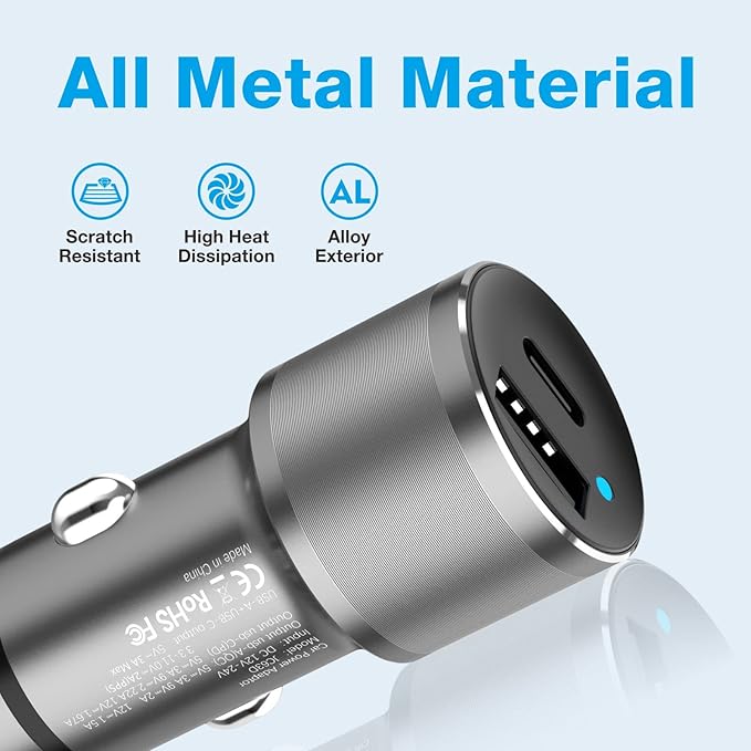 MOCA 38W Fast Car Charger, 2-Port PD/QC 3.0 All Metal Car Power Adapter W/2 PCS 3.3ft PD Lightning Cord Quick Charging for iPhone 17/16/15 Series, Samsung Galaxy S25/S24/S23 Series, iPad Pro, AirPods