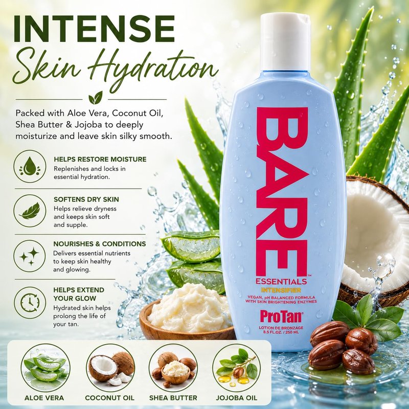 Pro Tan Bare Essentials Intensifier Tanning Lotion 8.5 fl oz – Vegan pH Balanced Formula with Aloe, Coconut Oil, Jojoba & Vitamins – Indoor Outdoor Tan Enhancer with Skin Brightening Enzymes