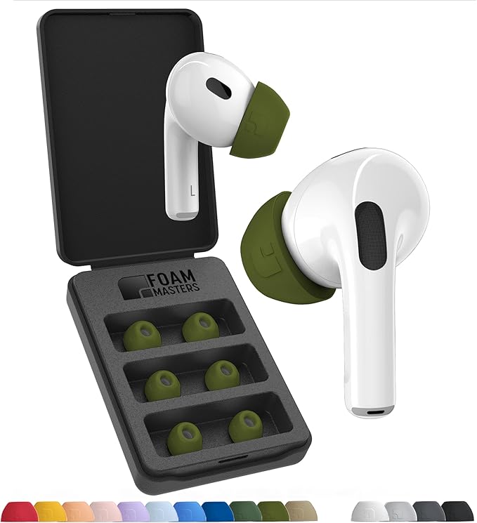 Foam Masters Ultra-Premium Memory Foam Ear Tips for AirPods Pro 1st & 2nd Gen | 3 Pairs | New Ver. | Secure Fit | Super Comfort | Better Noise Cancel | Replacement Buds (Medium, OD Green)