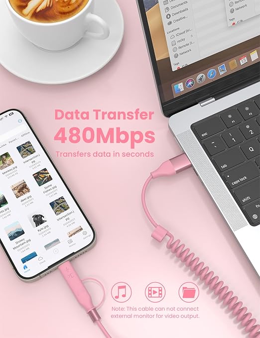 Pink Coiled Car Charging Cable 2-in-1 (USB-C & Lightning), 3FT Cute Car Accessories for iPhone 17/16/15, Samsung Galaxy — Supports Apple CarPlay & Android Auto