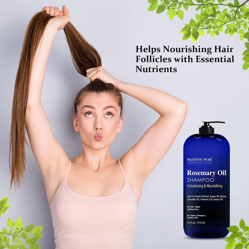 Majestic Pure Rosemary Oil Shampoo for Hair Growth - Volumizing & Nourishing Shampoo - with Vitamin E & Argan Oil - Sulfate Free, for Men & Women - 16 fl oz