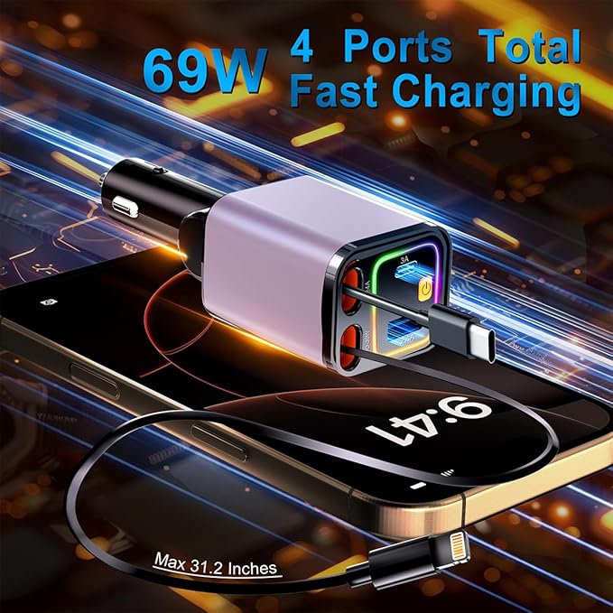 4 in 1 Retractable Car Charger with Starry Light,69W Cigarette Lighter Charger,USB C Fast Car Charger for iPhone 17 Pro Max 16 15 14 13 12 11 (for Apple+Type C &RGB Breathing Light [Pink])