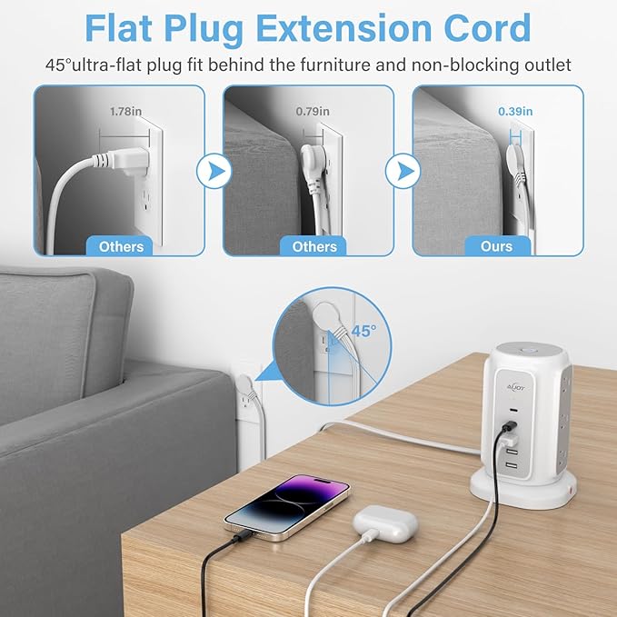 AiJoy Flat Plug Power Strip Tower 9 Outlets and 5 USB Ports (2 USB-C), 1200J Surge Protection, 6.5ft 1625W Extension Cord Charging Station for Home, Office Supplies, Dorm Essentials