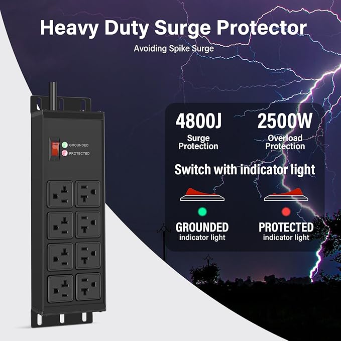 CCCEI Heavy Duty Power Strip Surge Protector 20 AMP Switch, 12 Gauge Extension Cord with Multiple Outlets, Industrial, Shop, Garage High Amp Wall Mount Electric Extender. 4FT, Black.
