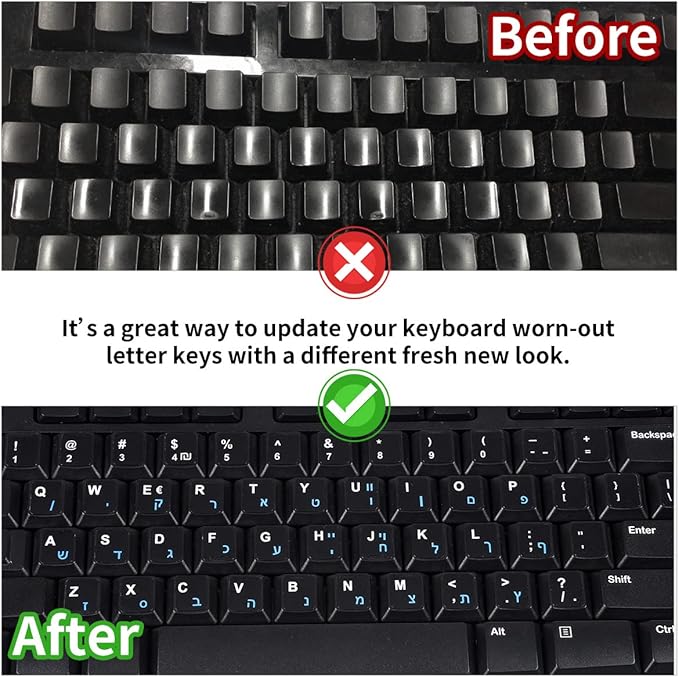 2PCS Hebrew Keyboard Stickers Black Background with Blue Letters Replacement Sticker for PC Computer Laptop Notebook Desktop Keyboards, Matte Vinyl Alphabet -Each Unit: 0.43" x 0.51"