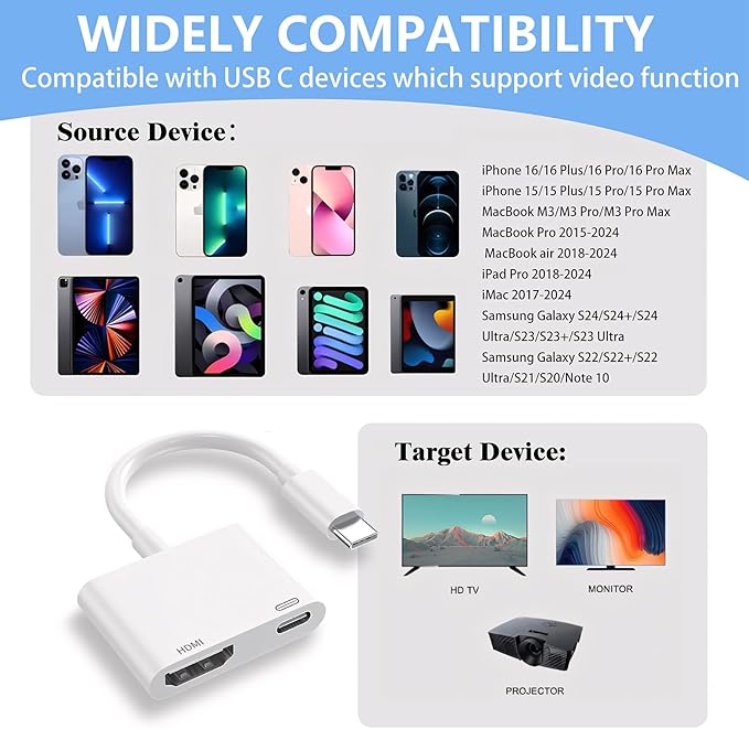 Kinhaly USB C to HDTV for TV, 4K@60Hz Type C to Adapter with Charging Port, iPhone to HD to USB C Adapter Compatible for iPhone 16/15 Series/iPad Pro/Galaxy/MacBook Pro to HDTV Projector