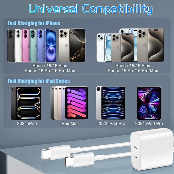 Dual Port USB C Charger for iPhone 17 16 15,Quick Double Type C Charger Fast Charging Block,2Pack Apple Wall Power Adapter Plug,6FT USB C Cable for iPhone 17/17 ProMax/17 Air/16 Pro/16e/15 Pro/15 Plus