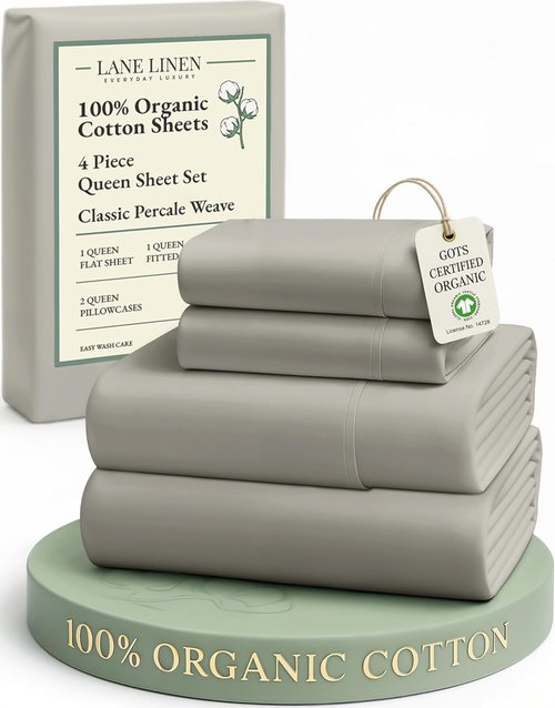 Lane Linen 100% Organic Cotton Queen Sheets - Soft, Naturally Cooling Percale Set in Silver