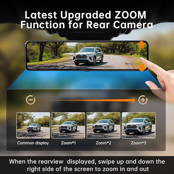 G850+ 12" 4K UHD Mirror Dash Cam Front and Rear with Zoom Backup Camera, 2160P Dual Rear View Mirror Camera for Cars & Trucks, 64GB Card Included, GPS, WDR, Night Vision, Parking Assist & G-Sensor