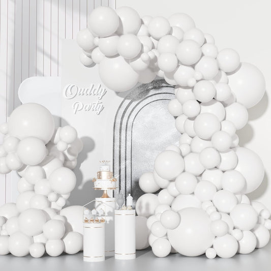 Ouddy White Balloon Set - 129 Pcs in Various Sizes with 6 Pcs 18” Matte White Balloon Arch Kit | Perfect for Birthdays, Weddings, and Celebrations
