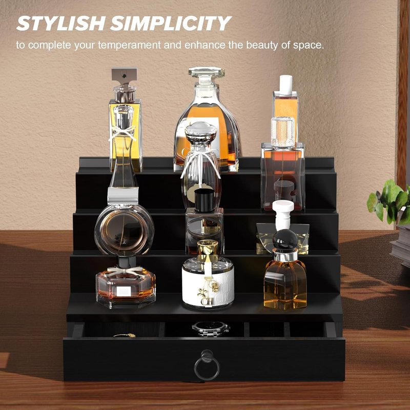 Cologne Organizer for Men - 4-Tier Black Wood Perfume Holder with Felt Lining & Hidden Compartment | Perfect Gift Idea
