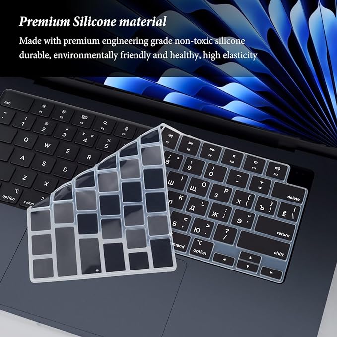 Russian Language Keyboard Cover Skin for 2026-2022 MacBook Air 15.3 inch A3448 A2941 A3114 A3241/MacBook Air 13.6 inch A3449 A3113 A2681 A3240 with M5 M4 M3 M2,MacBook Air Keyboard Protector-Black