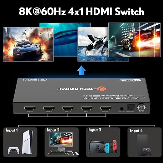 J-Tech Digital 8K HDMI Switch 4 in 1 Out 8K@60Hz 4K@120Hz 1080P@240Hz, HDMI Audio Extraction to Optical & 3.5mm, HDR HDCP 2.3 EDID Control, Compatible with PS5 PS4 Xbox Switch Apple TV Roku Fire TV