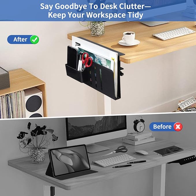 LUKETURE Laptop Holder, Steel Desk Side Storage, No Drill Standing Desk Accessories, Laptop Mount with Pen Holder, Back to School Supplies, Fits Flat Edge Tables 0.3" to 2.8" (Black, M(1 Tier))