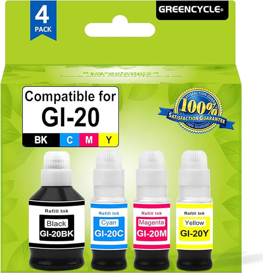 greencycle GI-20 GI20 Ink Refill Bottle Kit 4 Pack Compatible for Canon GI-20 GI20 High Capacity High Yield Black & Color Ink Bottles Combo Pack Work for G6020 G7020 G5020 Printers