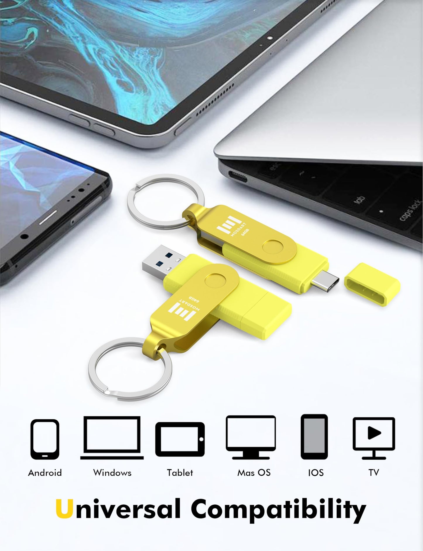 MOSDART 64GB USB C 3.2 Fast Speed C and A Dual Flash Drive, exFAT Memory Stick with Keychain and LED Indicator, for iPhone 15,16, 17, Android Phone, iPad, MacBook, and Other Laptops,Yellow