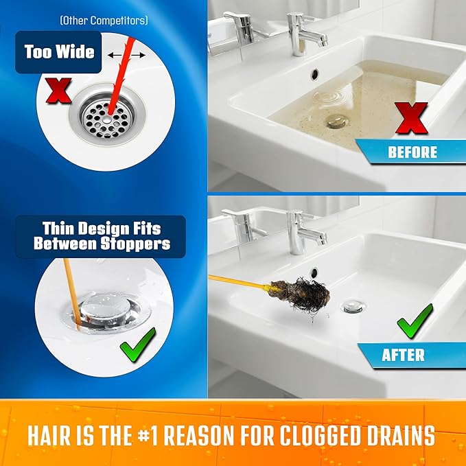 FlexiSnake Drain Weasel Sink Snake Hair Clog Remover Tool, Pipe, Bathroom, Bathtub Cleaner, 18-inch, Made in the USA, 5 Wands and Removable Handle