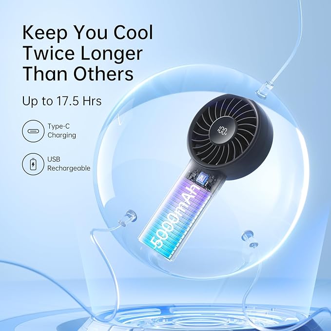 JISULIFE Handheld Portable Fan, Stronger and Longer-Lasting: 5 Speed, 5000mAh Battery, 12-Blade Turbo For Powerful Wider Wind, LED Display, Rechargeable Personal Fan for Travel Concerts Makeup-Black