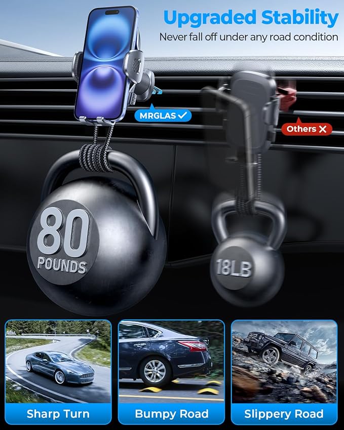 MRGLAS Phone Holders for Your Car Vent with Double Metal Hook Clip, 【One-Hand Operation】 Air Vent Cell Phone Car Mount, Universal Automobile Cradle Fit for iPhone 17 Android and All Smartphones