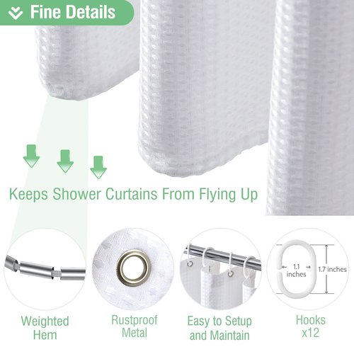 Dynamene Extra Long Fabric Shower Curtain - Waffle Weave 90 Inches Long Heavy Duty Cloth Shower Curtains for Bathroom, 256GSM Tall Hotel Luxury Bath Curtain Set with 12 Plastic Hooks(72Wx90H, White)