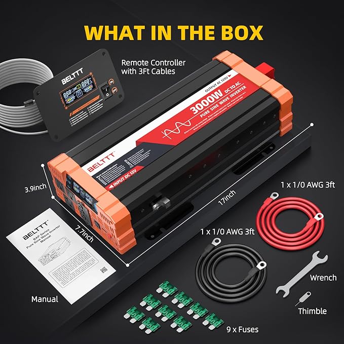BELTTT 3000W Pure Sine Wave Inverter 12V DC to 120V AC for Solar, Off-Grid, RV, Truck, Home, Power Inverter with Dual AC, 20A Socket, 5V 2.1A USB, Hardwire Port, Remote Controller 23Ft Cable