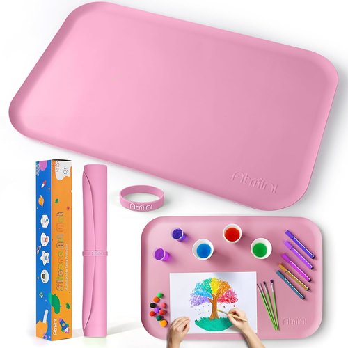 AtMini Silicone Craft Mat for Kids - 24"x16" Non-Slip & Raised Lip | Reusable Art Mat for Painting, DIY Crafts (Pink)