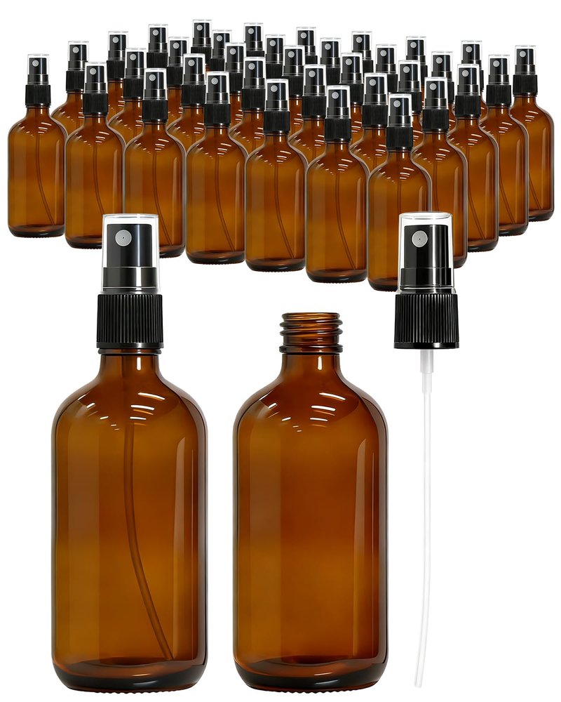 KEYWING 35 Pack Small Amber Glass Spray Bottles for Essential Oils, 4oz Empty Fine Mist Mini Spray Bottles, Refillable Containers for Hair, Travel, Plants, Cleaning, Skin Care