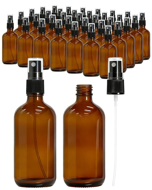 KEYWING 35 Pack Small Amber Glass Spray Bottles for Essential Oils, 4oz Empty Fine Mist Mini Spray Bottles, Refillable Containers for Hair, Travel, Plants, Cleaning, Skin Care