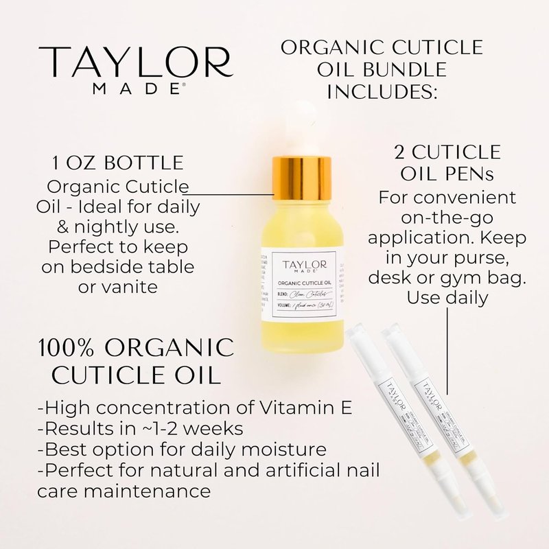 Taylor Made Cuticle Oil - 100% Organic & Non-Toxic Nail Treatment | Infused with Orchid Oil | 0.5 oz Bottle & 2 Pens