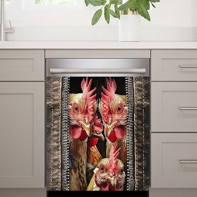 Wood Board and Rooster Pattern Dishwasher Magnet Cover,Fridge,Refrigerator Magnetic Panel Decals,Home Appliances Cabinet Magnets Sticker 23W x 17H inchs