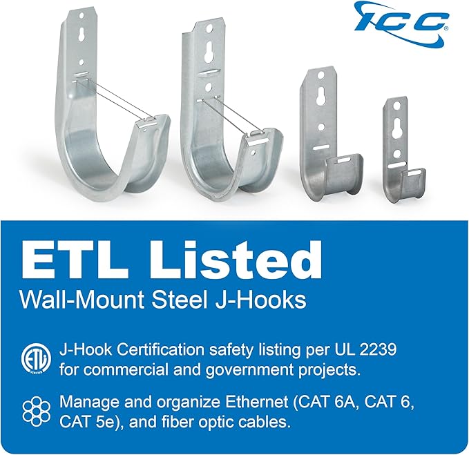 ICC 4-Inch Wall Mount J-Hook – 25-Pack, Cable Support 4" J Hooks with Retainer Clips, Galvanized Steel with Zinc Finish – for Structured Cabling and Cable Management