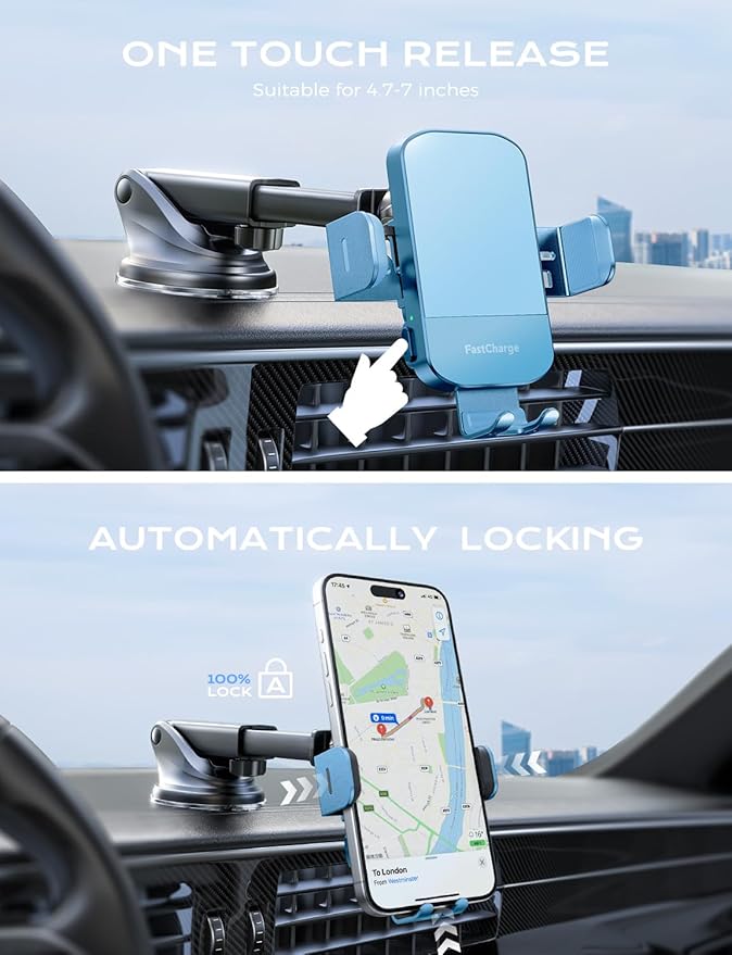 CHGeek Wireless Car Charger, 15W Fast Charging Auto Clamping Car Charger Phone Mount Phone Holder fit for iPhone 15 14 13 12 11 Pro Max Xs, Samsung Galaxy S24 Ultra S23 S22 S21, S20, S10+, Cyan
