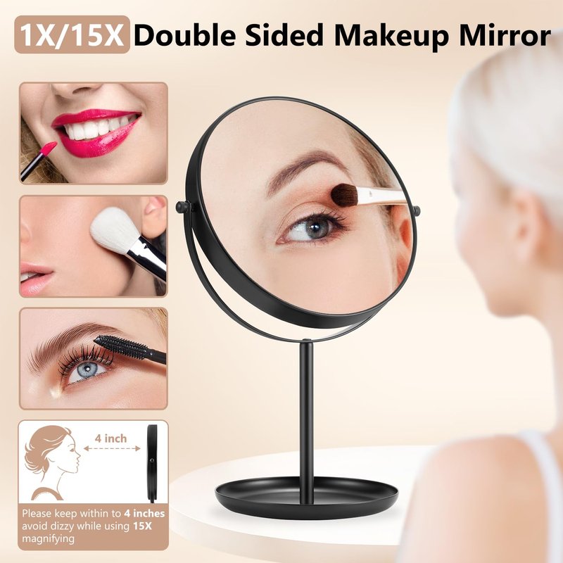 DECLUTTR 15X Magnifying Makeup Mirror, 9 Inch Tabletop Mirror on Stand, Large Double Sided Mirror for Desk, Black
