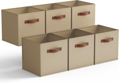GRANNY SAYS Cube Storage Bins - 11-Inch Foldable Organizer with PU Handle, Khaki | 6-Pack for Closet & Shelves