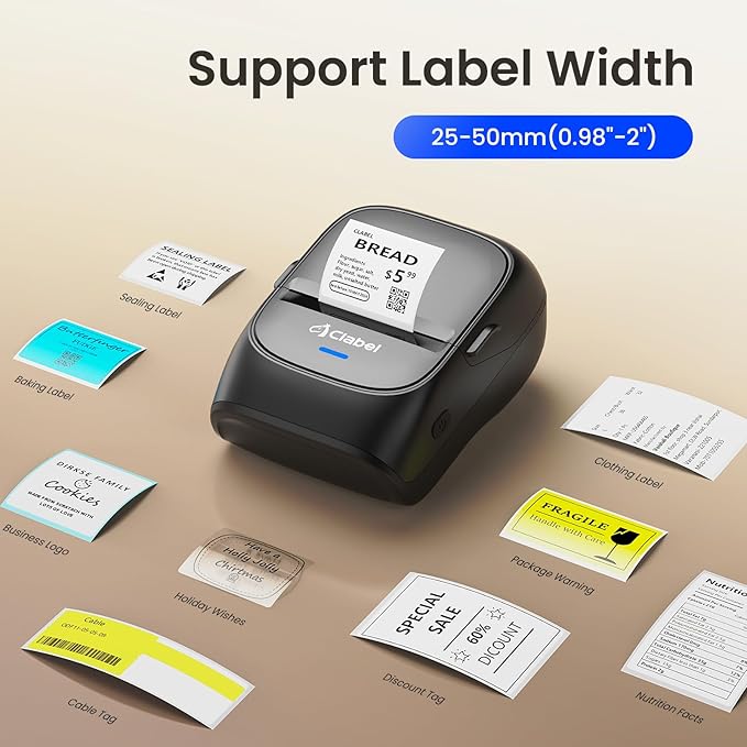 CLABEL Label Maker Machine with Tape, 221B Thermal Bluetooth Label Printer 2 Inch Portable Barcode Inkless Sticker for Small Business, Retail Office,Office, Home, Came with 1 Roll Label (Black)