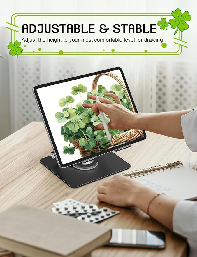 Axbima Tablet Stand for iPad, 360° Rotating Aluminum Desktop Holder – Adjustable & Foldable Desk Stand Compatible with iPad Pro 12.9/11, Air 10.9, Samsung Tab S9, Portable for Home Office, Black