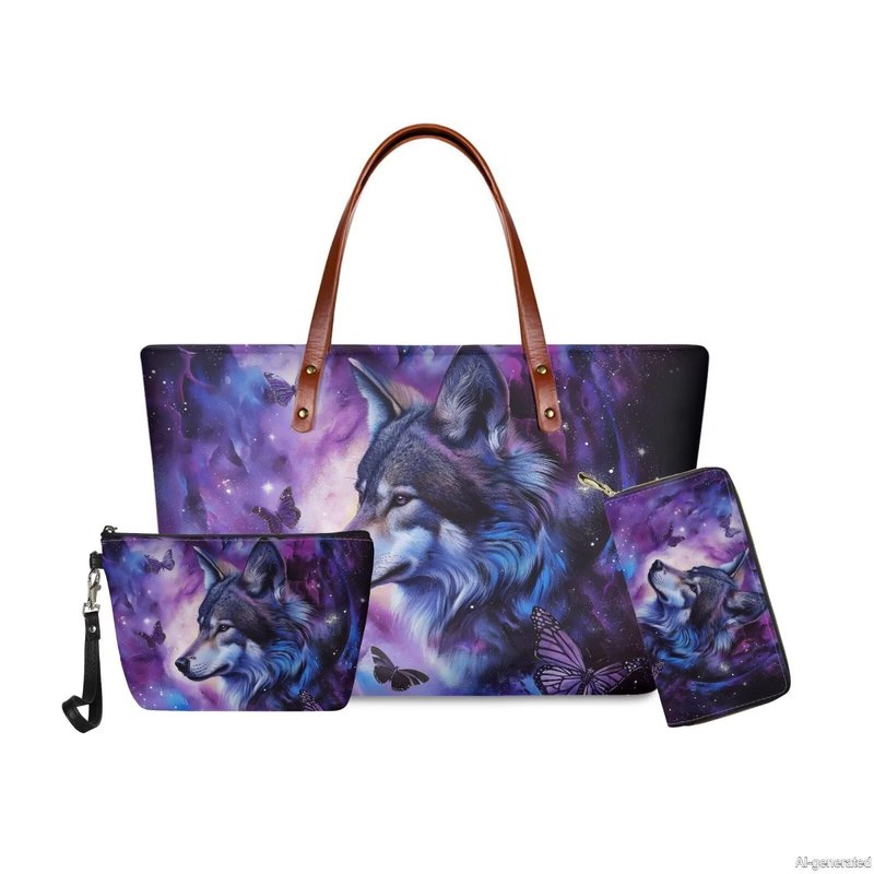 GIFTPUZZ Wolf Women Handbag Set 3 Packs Includes Large Capacity Top-Handle Bag PU Leather Toiletry Makeup Pouch Long Wallets Waterproof Blue Purple